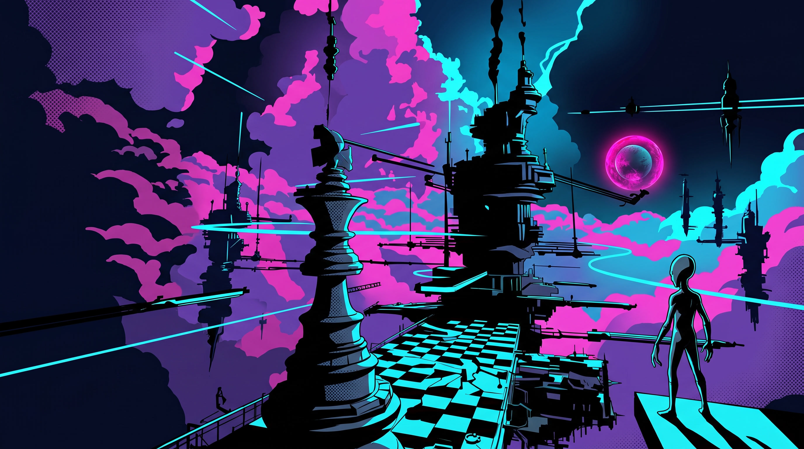 Floating chess-piece towers and checkerboard platforms in a nebula — the rayBLAST world
